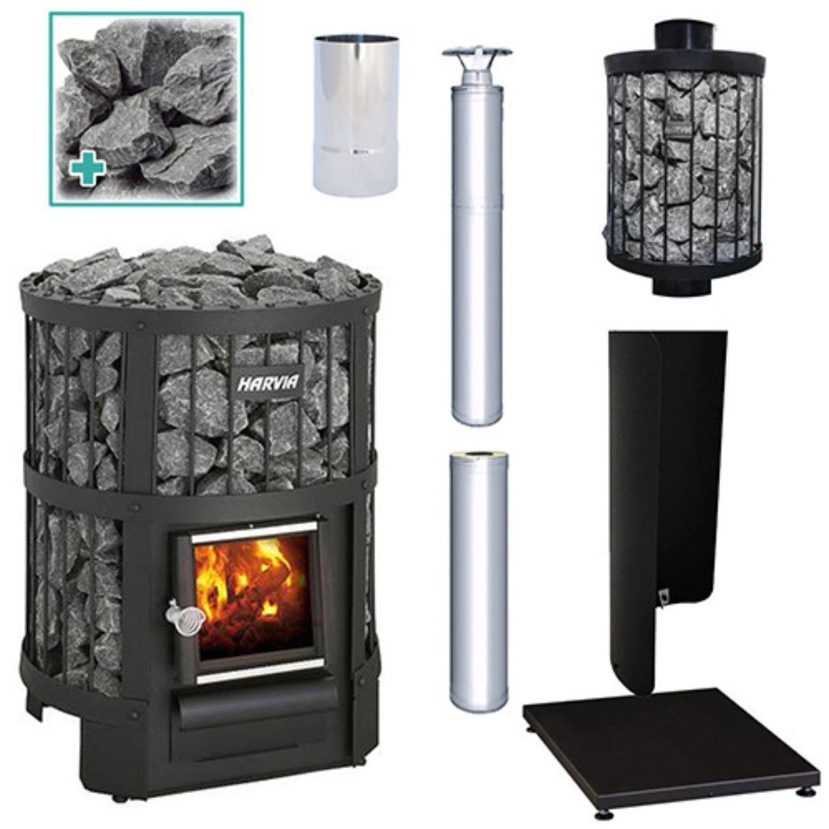 The Harvia Legend 150 SS WH Sauna Stove Package comes complete with the Legend 150 Sauna Stove, Protective Bedding, Protective Sheath, Chimney Kit, Chimney Extension, Water Heater, Smoke Pipe, and Sauna Stones