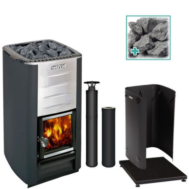 The Harvia M3 BK Sauna Stove Package comes complete with the M3 Sauna Stove, Protective Bedding, Protective Sheath, Chimney Kit, Chimney Extension, and Sauna Stones