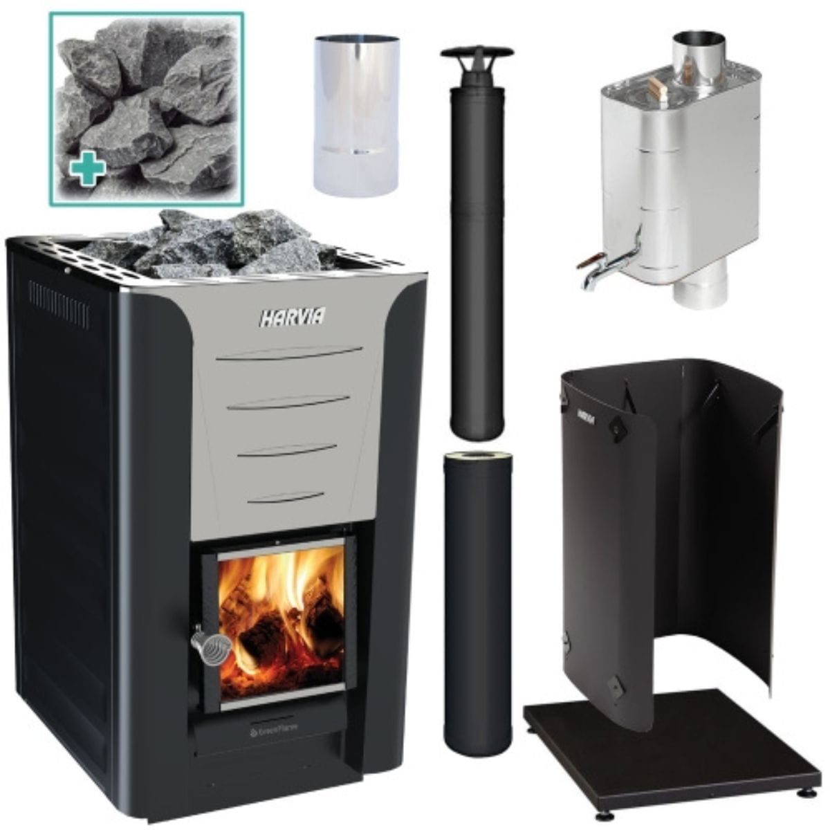 The Harvia Pro 20 BK WH Sauna Stove Package comes complete with the Pro 20 Sauna Stove, Protective Bedding, Protective Sheath, Chimney Kit, Chimney Extension, Water Heater, Smoke Pipe, and Sauna Stones