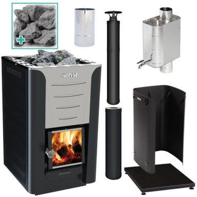 The Harvia Pro 20 BK WH Sauna Stove Package comes complete with the Pro 20 Sauna Stove, Protective Bedding, Protective Sheath, Chimney Kit, Chimney Extension, Water Heater, Smoke Pipe, and Sauna Stones