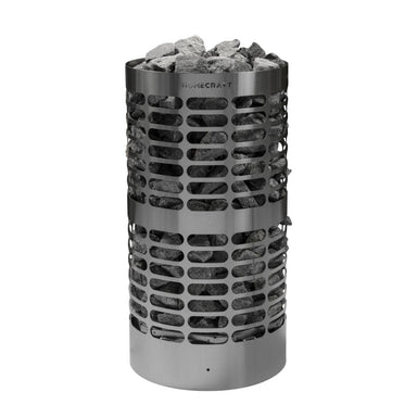 Stainless steel sauna heater with rocks on a white background