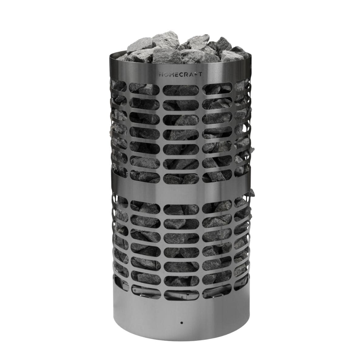 Stainless steel fire pit with rocks on a white background