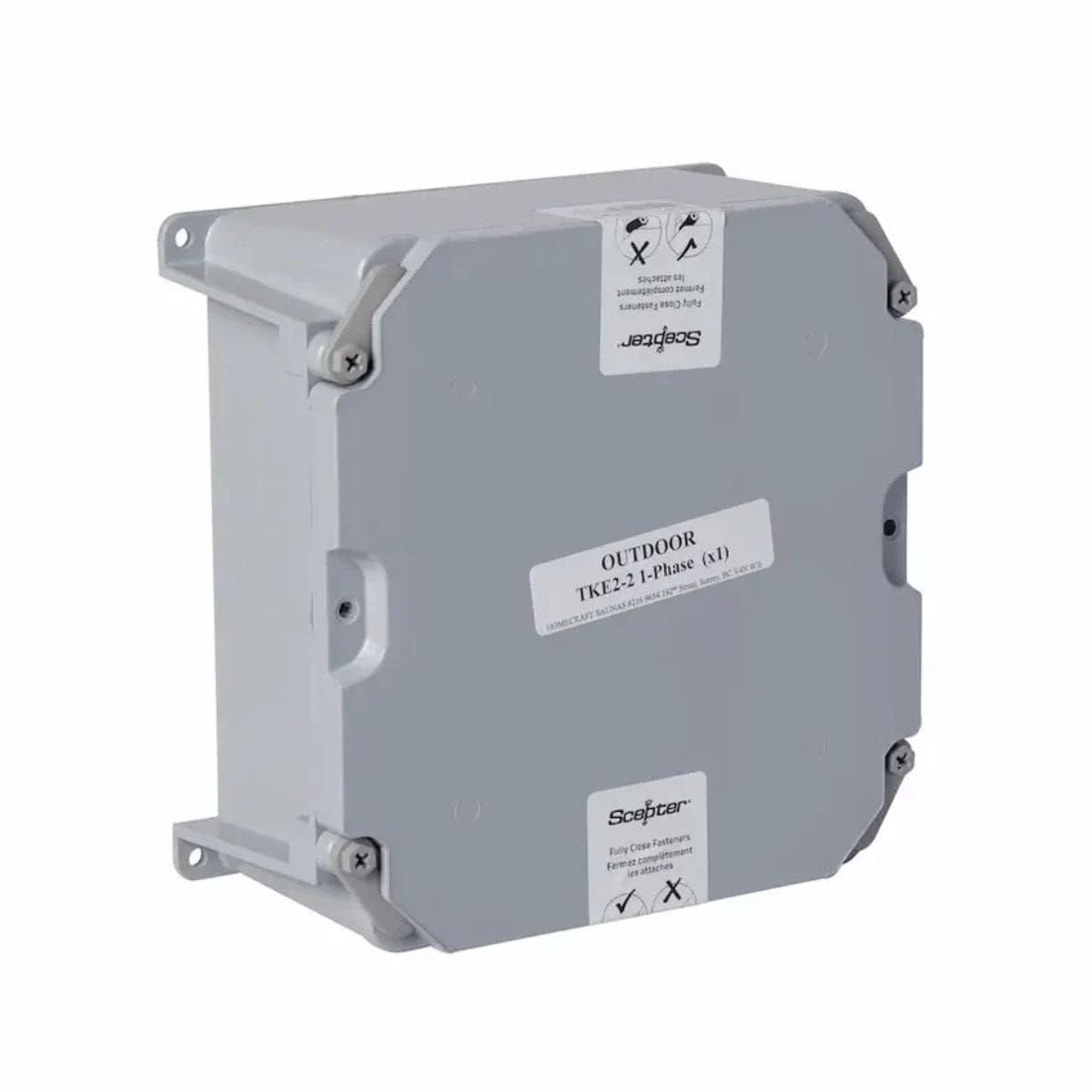 Gray electrical enclosure with labels on a white background