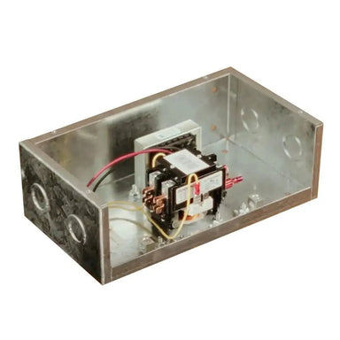 Electrical component in a metallic box on a white background