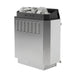 Stainless steel sauna heater with rocks inside on a white background