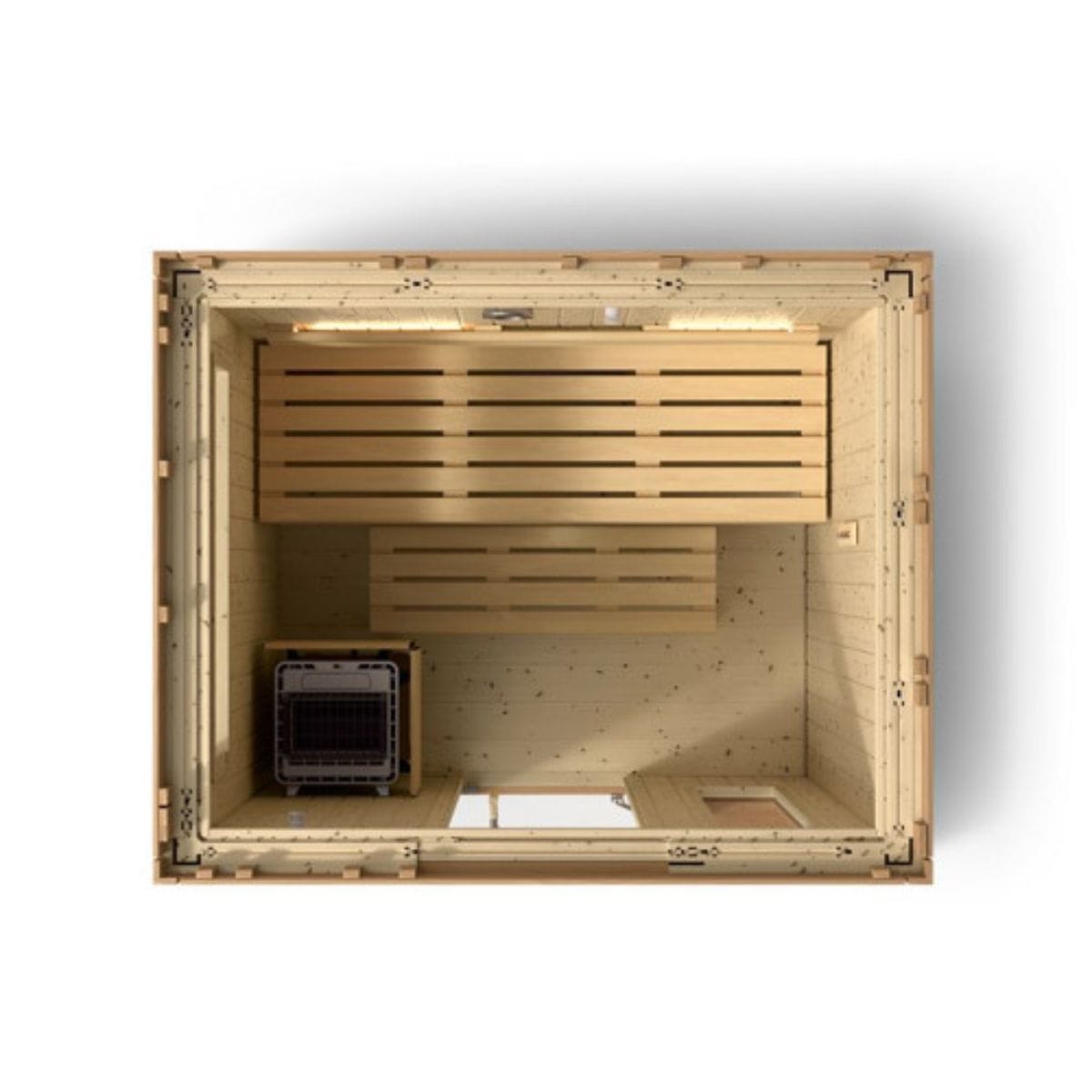 The tempered glass door and windows, along with mineral wool insulation and rubber seals, provide excellent heat retention