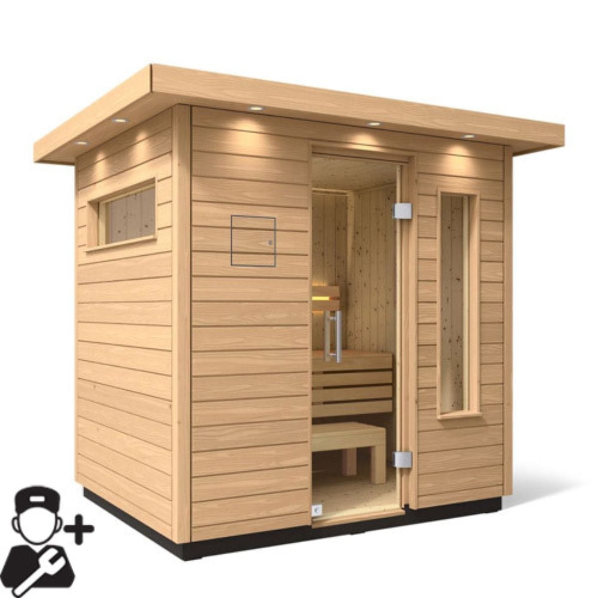 The C2 Outdoor Sauna includes a freestanding FERO Sauna Heater