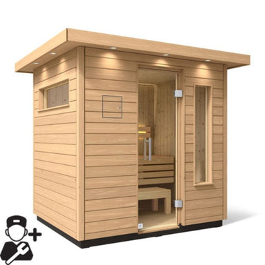 The C2 Outdoor Sauna includes a freestanding FERO Sauna Heater