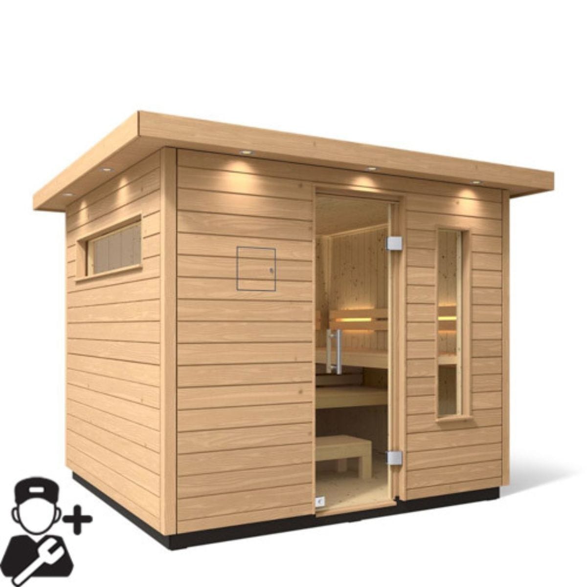 Exterior lighting surrounds sauna creating a warm atmosphere