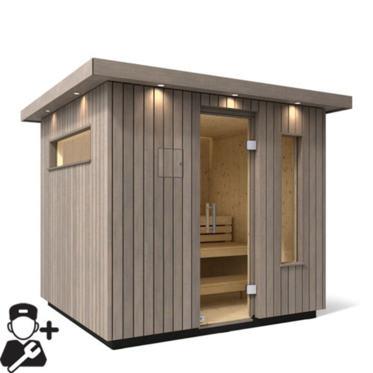 Wooden sauna with a person icon and wrench symbol on a white background
