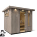 Wooden sauna with a person icon and wrench symbol on a white background
