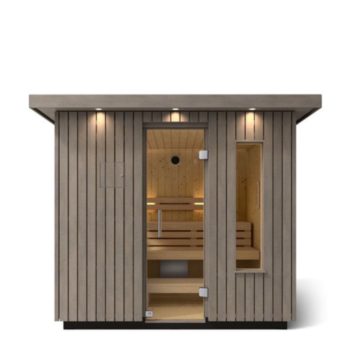 Wooden sauna with glass door on a white background