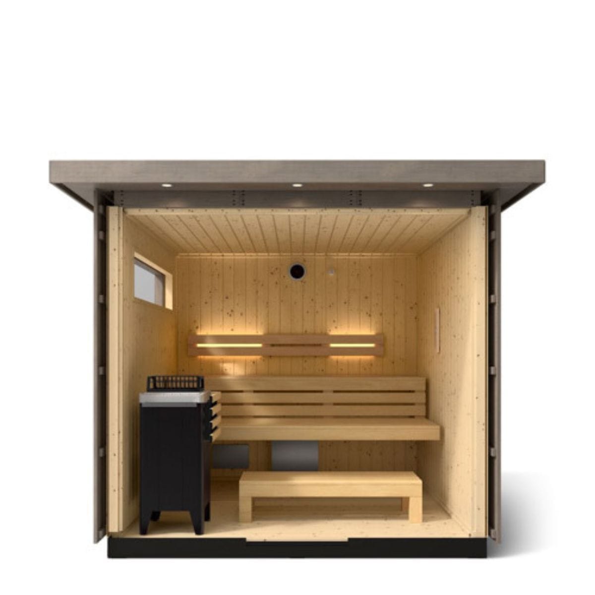 Wooden sauna with benches and a control panel on a white background