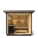Wooden sauna with benches and a control panel on a white background