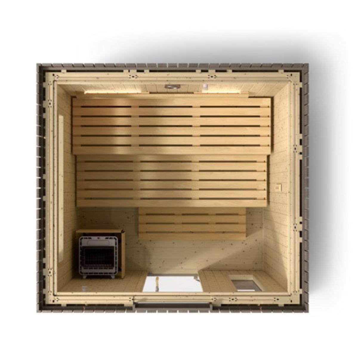 Wooden sauna with slatted door on a white background