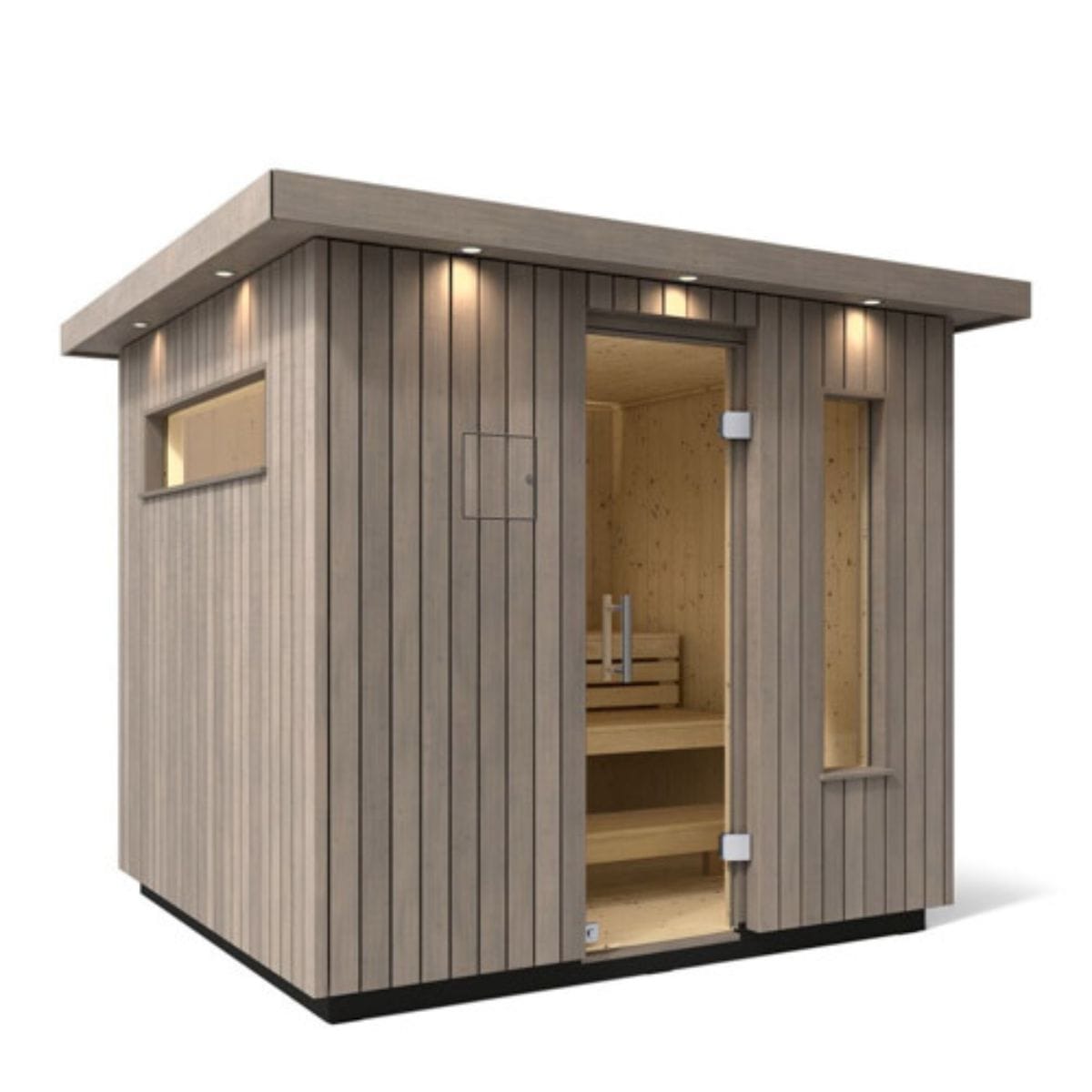 Features a tempered glass door and windows