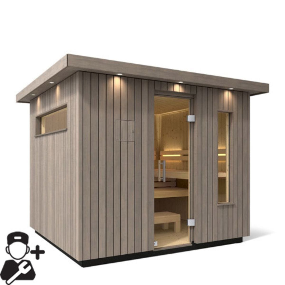 Exterior lighting surrounds the sauna, creating a warm atmosphere