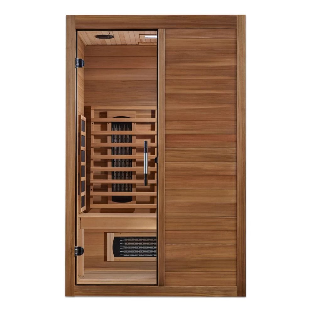 Wooden sauna with open door on a white background