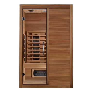 Wooden sauna with open door on a white background