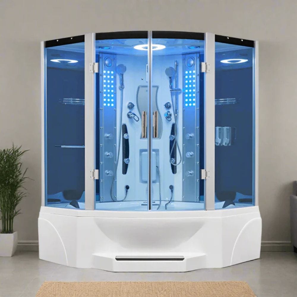 Modern steam shower cabin with glass doors in a bathroom setting