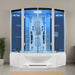 Modern steam shower cabin with glass doors in a bathroom setting
