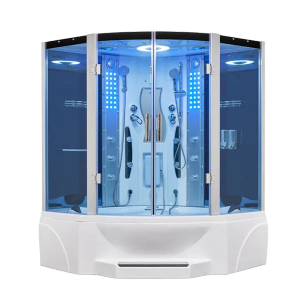 Corner steam shower cabin with glass doors and various shower fixtures on a white background