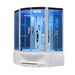 Modern steam shower cabin with glass door on a white background