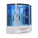 Corner steam shower cabin with blue lighting on a white background