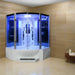 Corner steam shower cabin with glass doors in a bathroom setting.