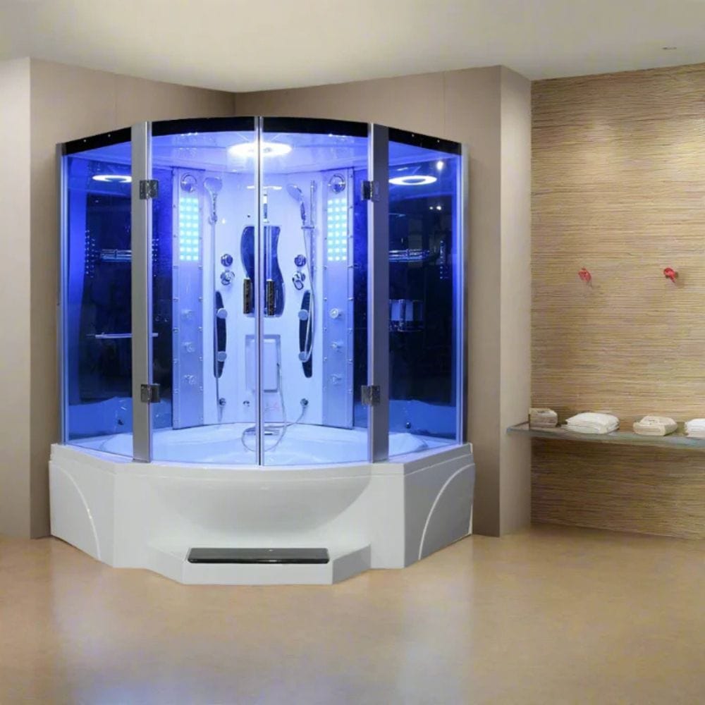 Corner steam shower cabin with glass doors in a bathroom setting.