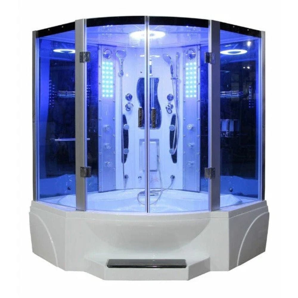 Corner shower cabin with glass walls and blue lighting on a white background