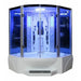 Corner shower cabin with glass walls and blue lighting on a white background