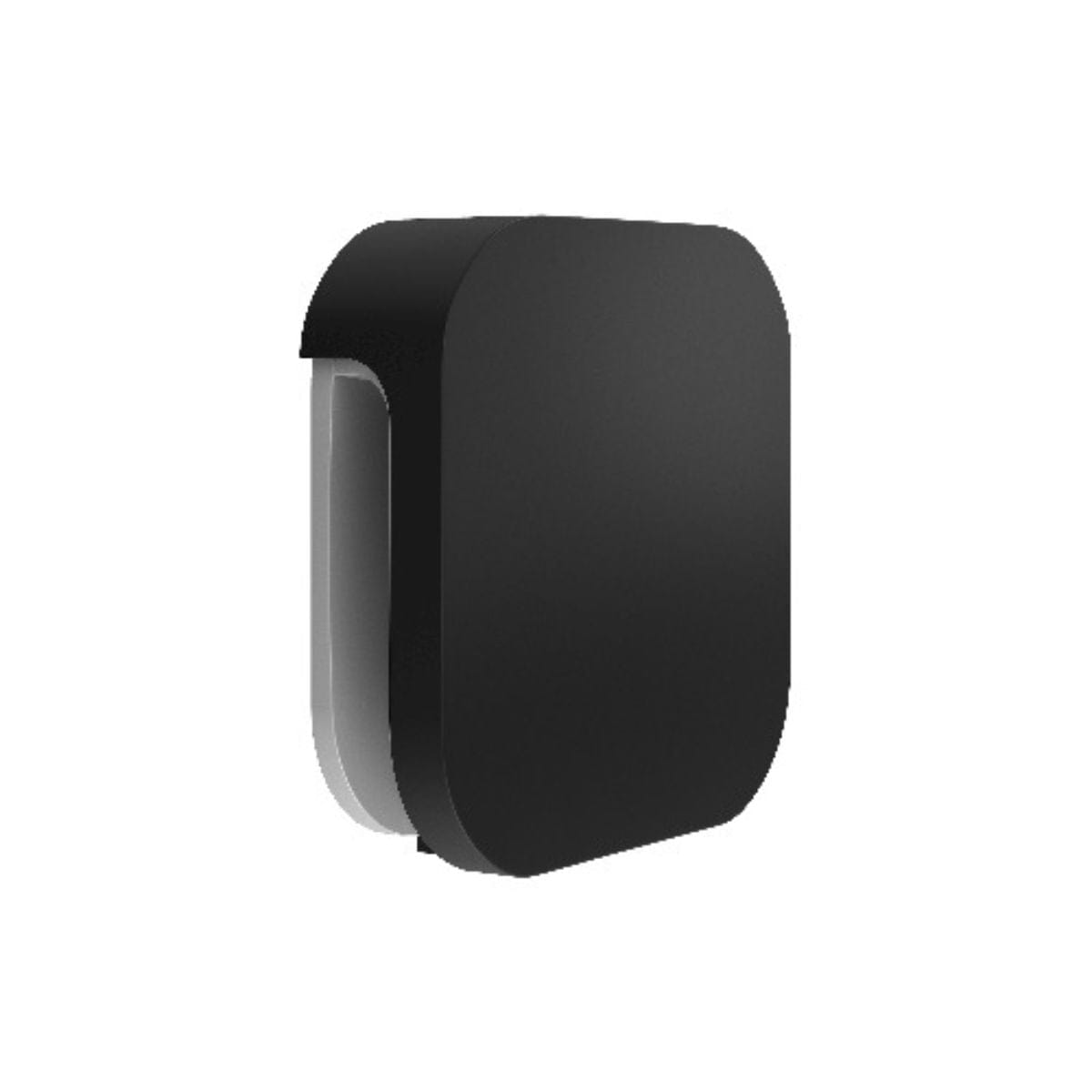 Black wall-mounted soap dispenser on a white background