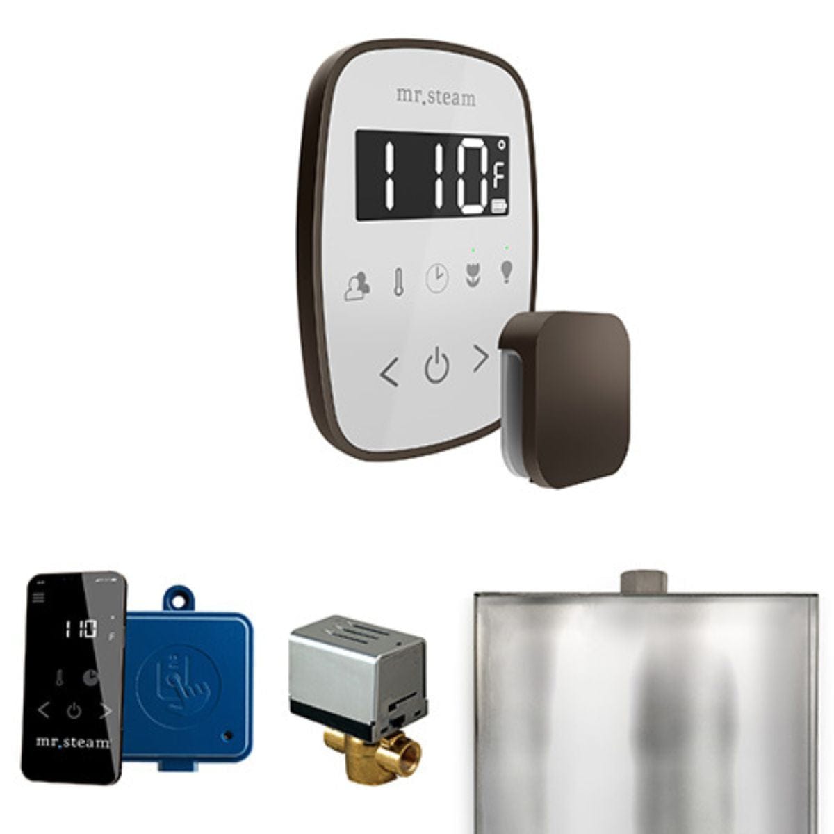 Collection of plumbing and heating components with digital display on a white background