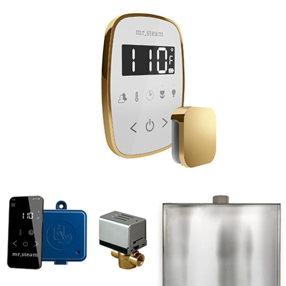 Collection of plumbing and heating components with digital display on a white background