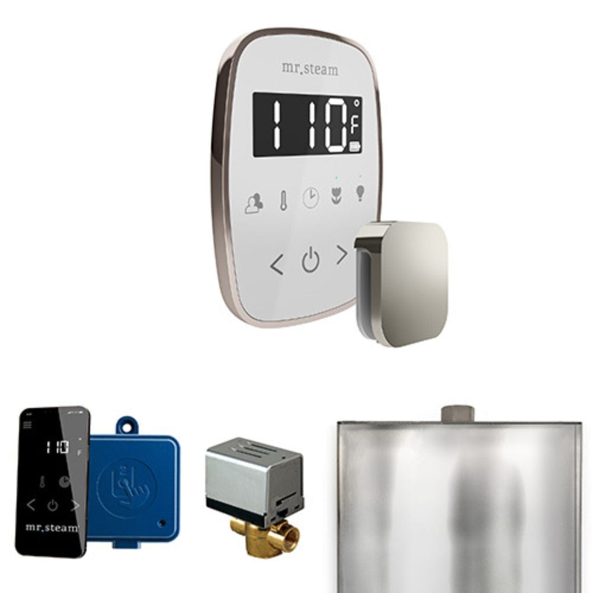 Collection of MR Steam bathroom products including a control panel, shower head, and other accessories on a white background.