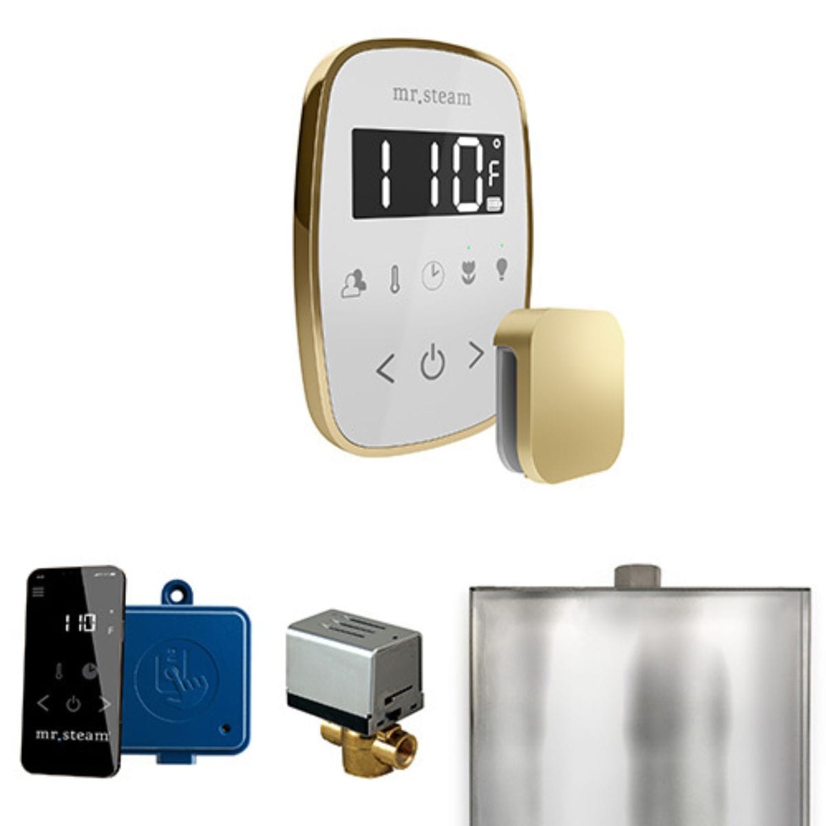 Collection of shower control components including a digital display, valve, and other accessories on a white background.
