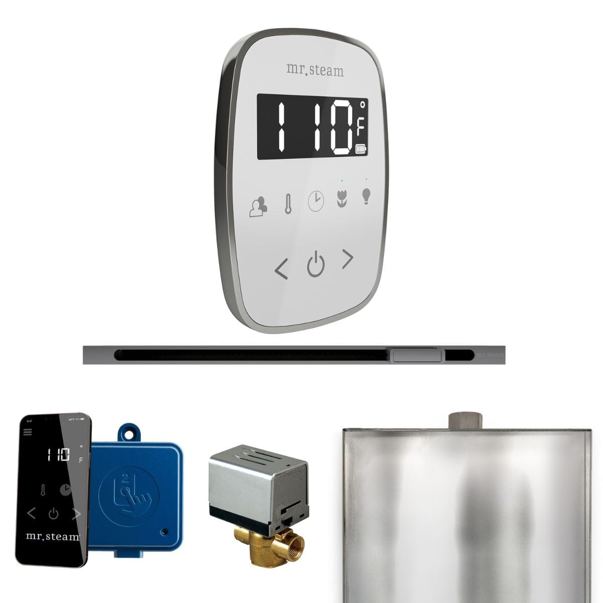 Control can be installed wired for constant power or charged outside the steam room