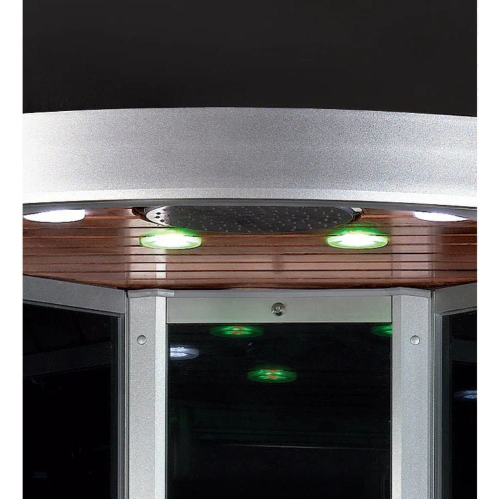 Ceiling with recessed lighting fixtures and wooden paneling.