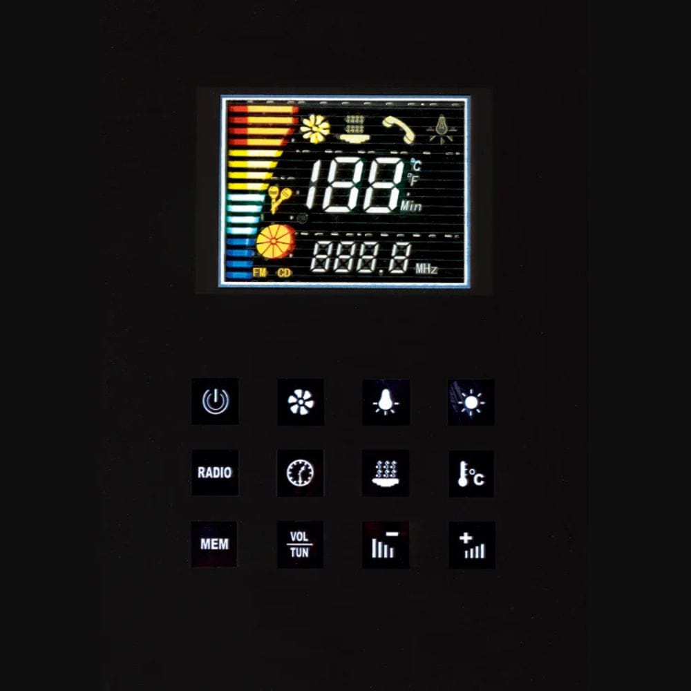 Control panel with digital display and various icons on a black background