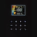 Control panel with digital display and various icons on a black background