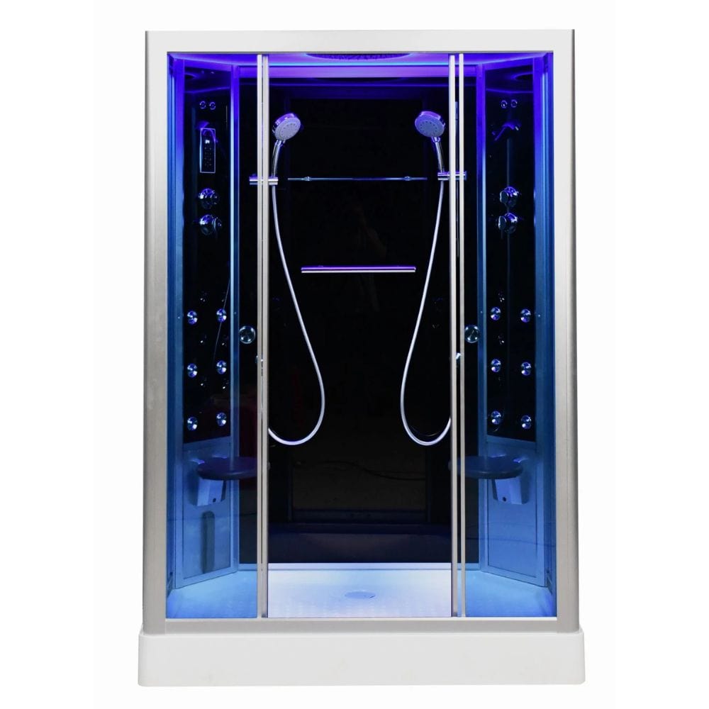 Modern shower cabin with glass door and LED lighting on a white background