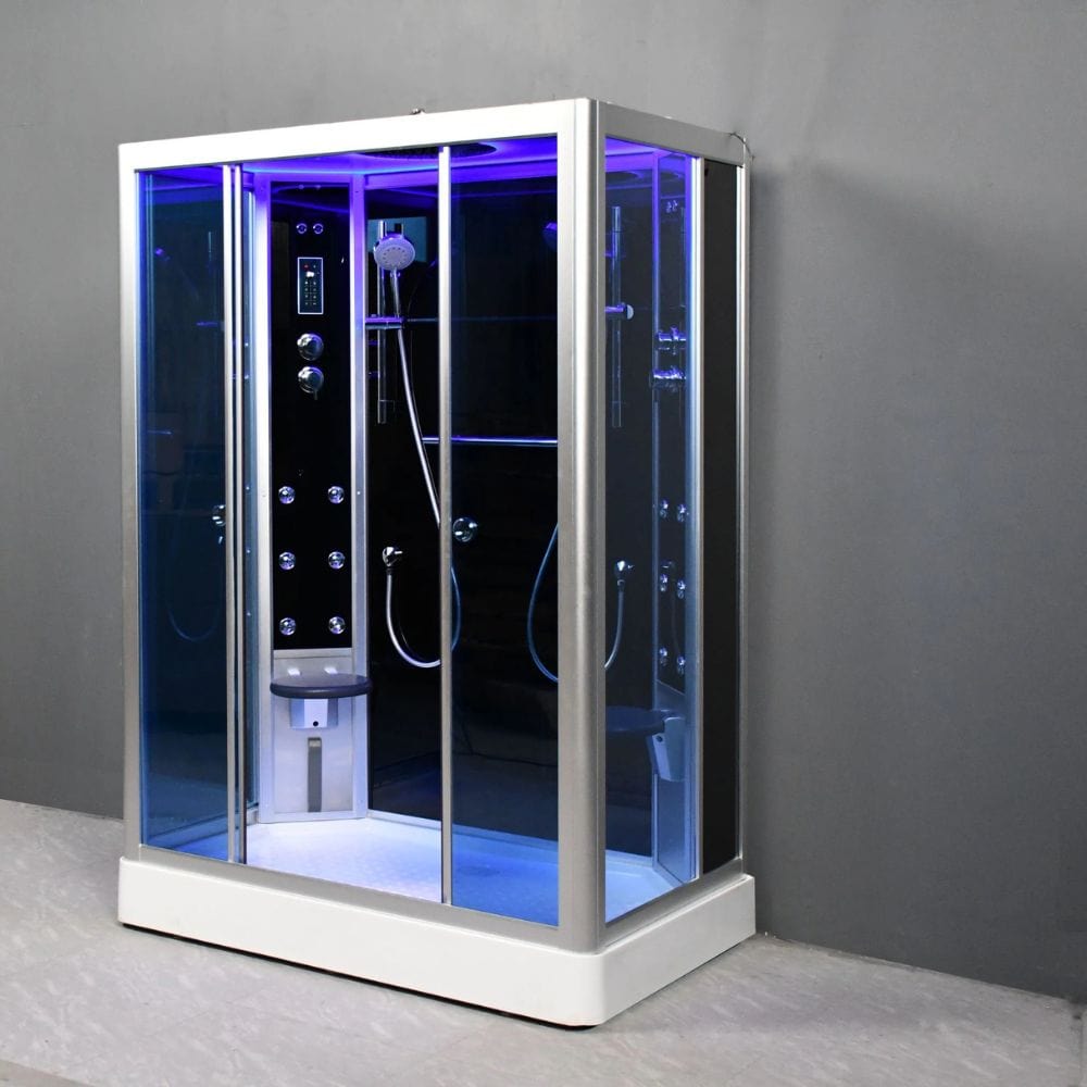 Modern steam shower cabin with glass doors on a gray background