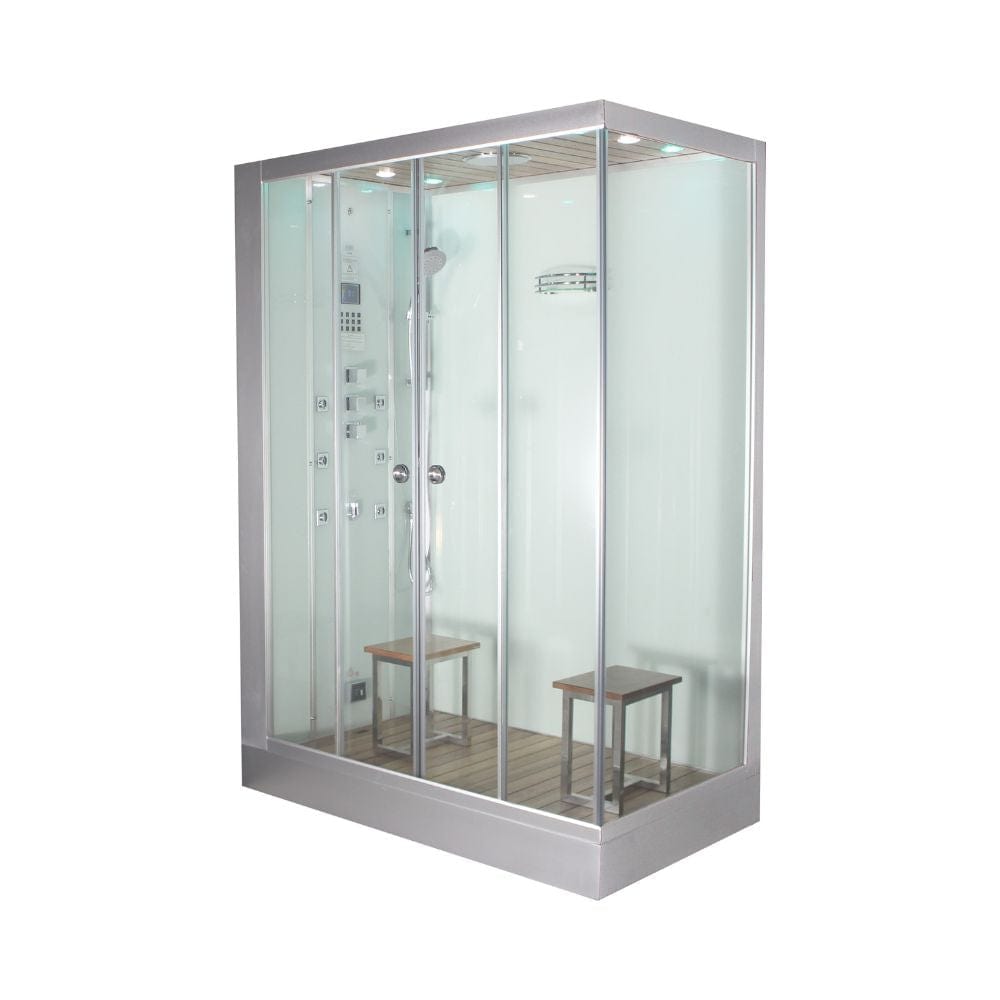 Glass-enclosed shower cabin with wooden bench on a white background
