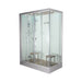 Glass-enclosed shower cabin with wooden bench on a white background