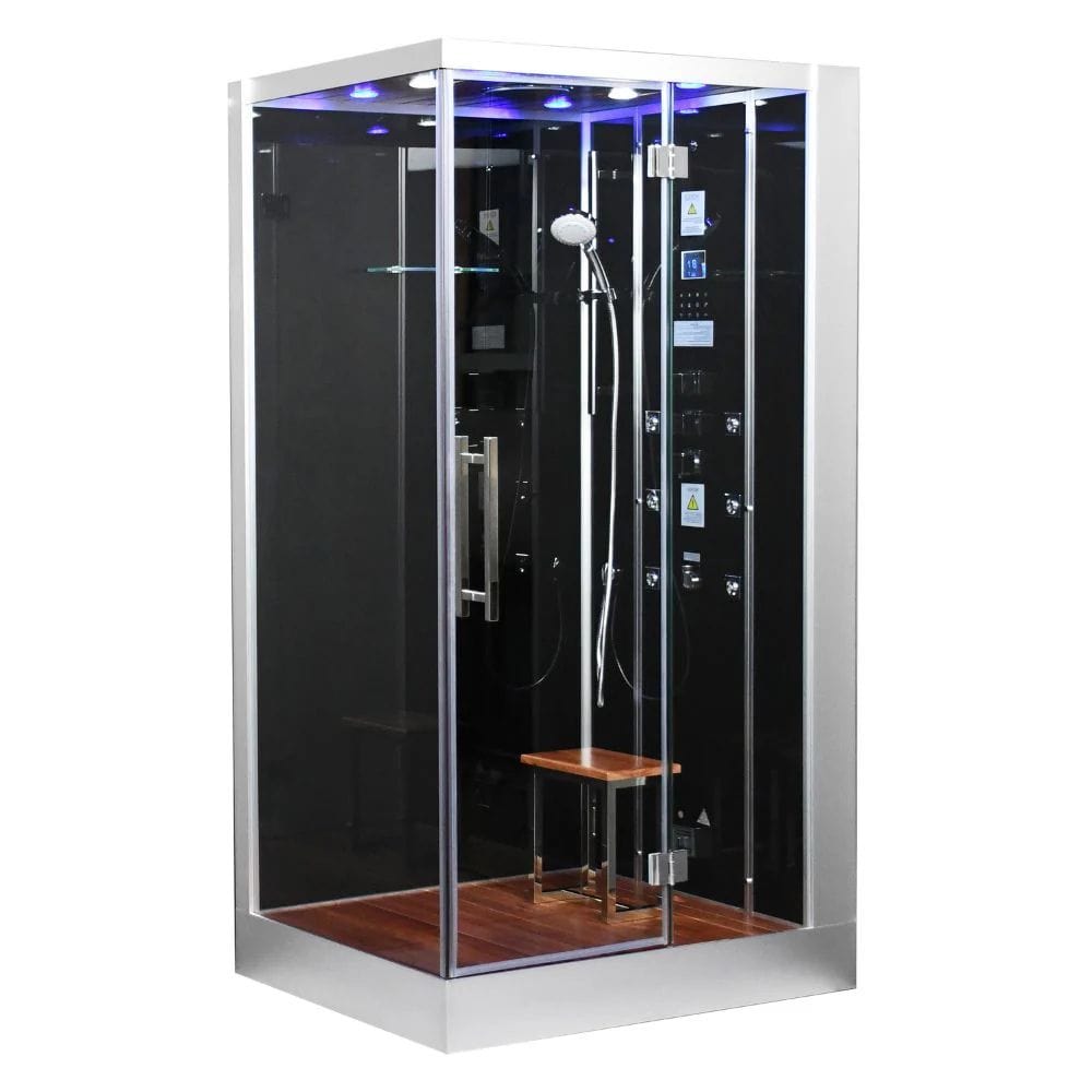 Modern shower cabin with glass door, handheld shower head, and control panel on a white background