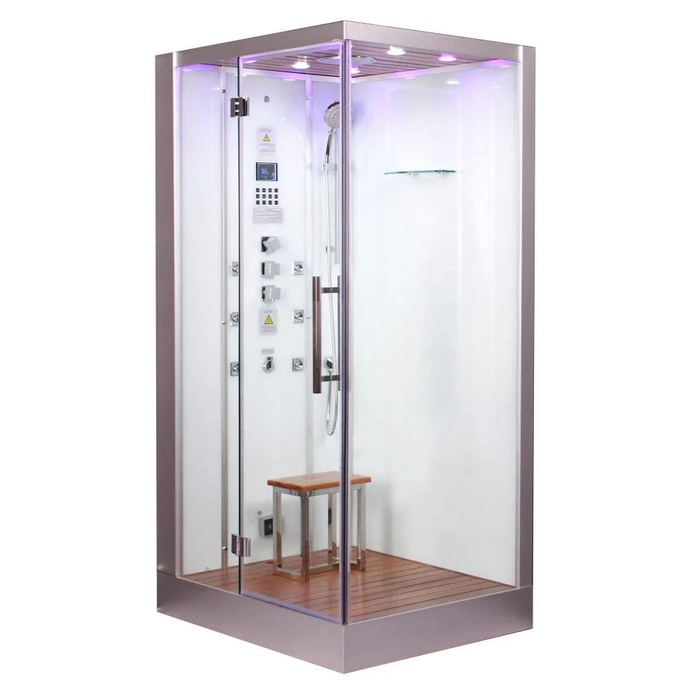 Modern shower cabin with glass walls and wooden floor on a white background