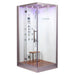 Modern shower cabin with glass walls and wooden floor on a white background