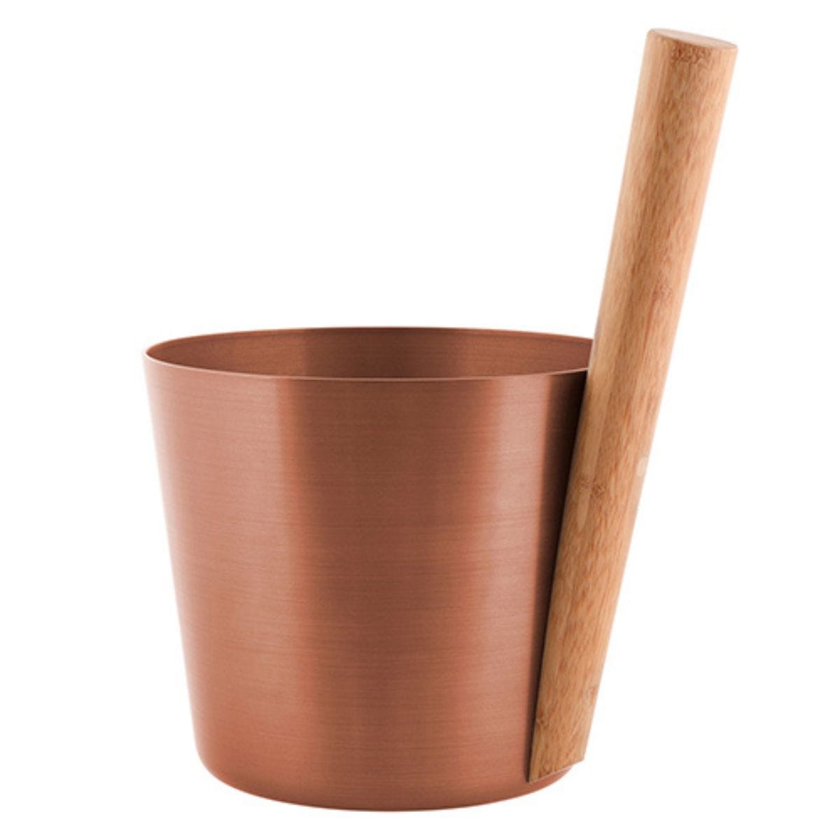 Copper bucket with a wooden handle on a white background