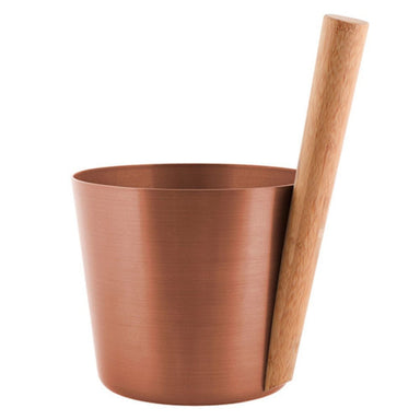 Copper bucket with a wooden handle on a white background